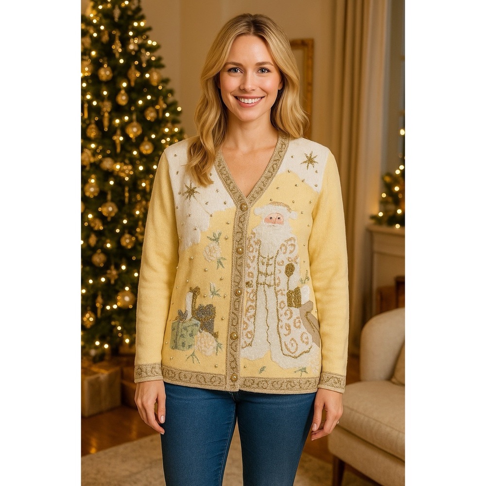 NWT Storybook Knits Gold White Santa Cardigan Sweater XS Beaded Sequin Embellish
